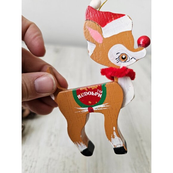 Wooden vintage Rudolph reindeer deer ornament set plush Noel Xmas tree both orna - Picture 6 of 10